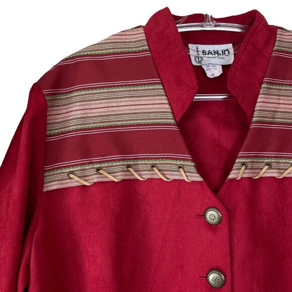 Banjo Dallas Texas Lightweight Buttoned Jacket Top Southwest Western Red Size L - Picture 4 of 10